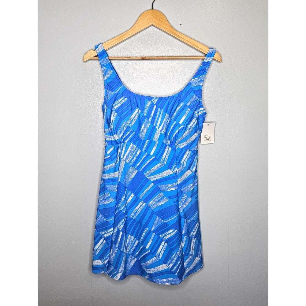 ADRIENNA Luxury Swimsuit 16 Swim Dress Sea Waves Print Blue Pearl Strap Accents